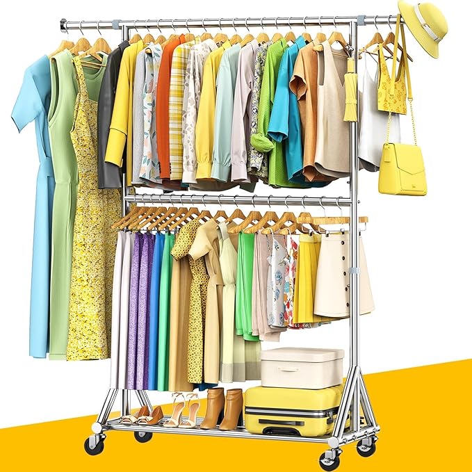 100% Stainless Steel Heavy Duty Clothes Rack Load 860 LBS, 2-Tier Rolling Garment Rack with Wheels, Adjustable Double Rod Clothing Rack for Hanging Clothes, Commercial Closet Rack for Coat Storage