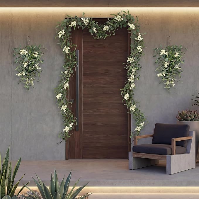Pinkpum 20'' Eucalyptus Wreath 22'' Teardrop Swags Set 4 for Front Door Fireplace Hanging Porch Wall Home Window Kitchen Decor Farmhouse Garden Party Indoor Outdoor Summer Spring Fall All Seasons