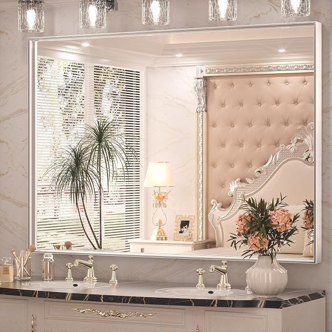 Keonjinn 48 x 36 Inch Silver Bathroom Mirror for Over Sink Large Rectangle Wall Mirror Brushed Metal Framed Square Corner Vanity Mirror Wall Mounted Rectangular Farmhouse Mirror(Horizontal/Vertical)