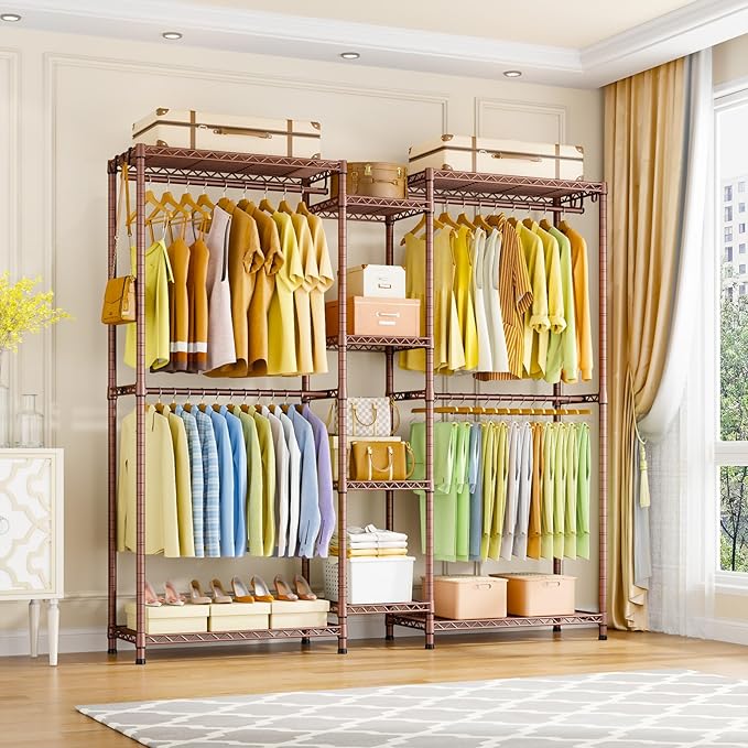 Ulif E4 Clothes Rack, Heavy-Duty Garment Rack, Metal Freestanding Clothing Organization Storage System Can Be L-Shaped with Shelves and Hangers, Max Load 962lbs, 71.6" W x 14.5" D x 79.3" H, Bronze