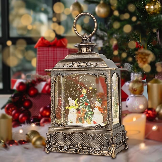 Christmas Snow Globe Lantern,Christmas Decorations Indoor for Home,with 6 Hour Timer Musical Snow Globes,Battery Or USB Powered Swirling Glitter Lantern Christmas Decor Gifts,Snowman Child