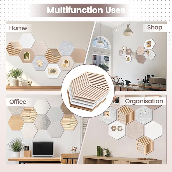 12'' Large Hexagon Cork Board Tiles – 10 Pack Adhesive Frameless Bulletin Board for Office & Home Wall Decor, Vision Board with 35 Push Pins, Decorative Pin Board for Photos & DIY