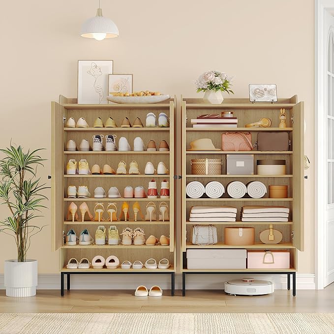 Shoe Cabinet with Doors, 7-Tier Shoe Storage Cabinet with Adjustable Shelves, Wooden Shoes Organizer Cabinets with Top Storage Layer, 28-32 Pairs, for Entryway, Hallway, Rattan SR68702Y