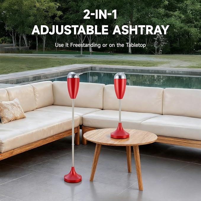 CO-Z Adjustable Floor Standing Ash Tray, Smokeless Outdoor Ashtray with Lid for Home Patio Cigarettes Ash Butt Disposal, Stainless Steel Windproof Stand Ashtray in 20", 27.5", 35" Heights, Red