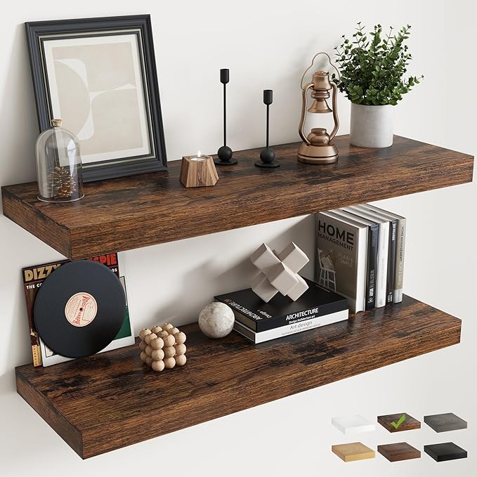 40 Inch Long Floating Shelves for Wall 2 Pack, 12"D Wood Grain Bathroom Shelves with Invisible Brackets, Easy Install Engineered Wood Storage Shelves for Kitchen, Living Room, Bedroom, Rustic Brown