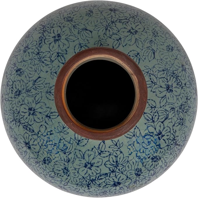 Creative Co-Op Round Decorative Terra-Cotta Vase with Transferware Pattern, Blue