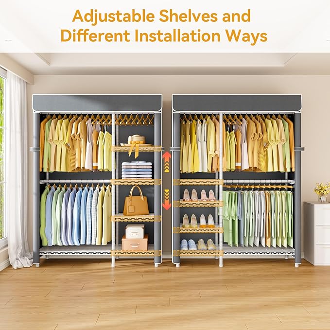 F2C Clothes Rack with Cover, Clothing Racks for Hanging Clothes, Heavy Duty Garment Rack with Shelves and Hanger Rods, White Closet with Gray Cover, 47.2" W x 16.5" D x 78.3" H, Load 630lbs