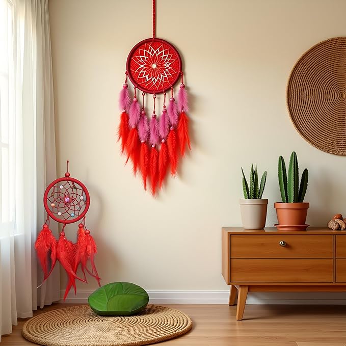 Red Small Dream Catcher with Feathers Wall Hanging Ornament Indian Style Decoration Wind Chimes for Car Home Wall Decor Home and Kitchen