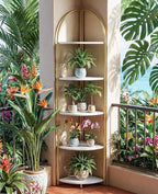 5 Tier Corner Shelf, Luxury Gold Corner Plant Stand with White Wood Shelves,Modern Metal Corner Bookshelf Display Rack,Premium Corner Storage Shelving Unit for Living Room,Bedroom,Bathroom
