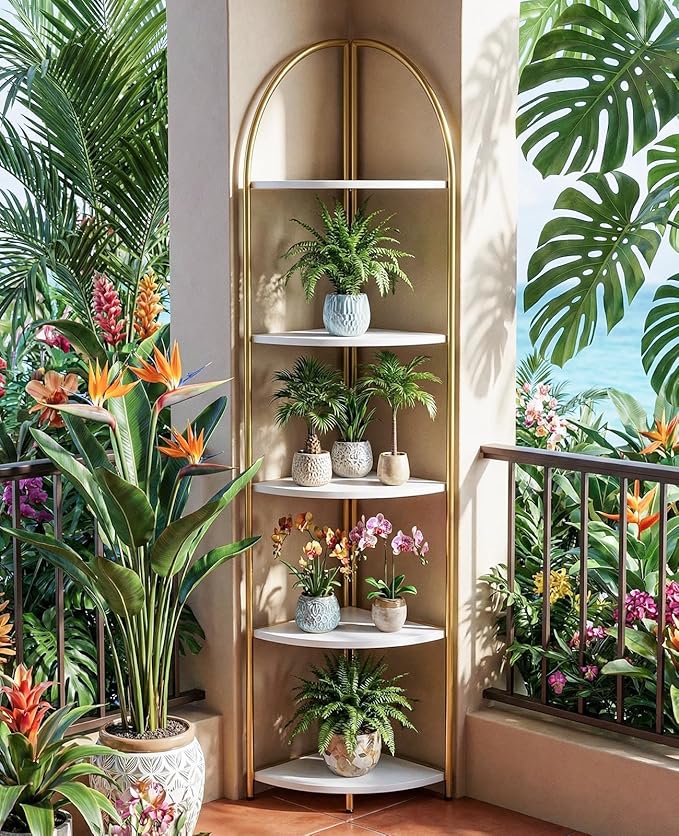 5 Tier Corner Shelf, Luxury Gold Corner Plant Stand with White Wood Shelves,Modern Metal Corner Bookshelf Display Rack,Premium Corner Storage Shelving Unit for Living Room,Bedroom,Bathroom
