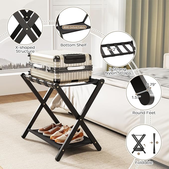 Fully Assembled Black Luggage Rack for Guest Room, Bamboo Folding Suitcase Stand with Fabric Storage Shelf, 5 Nylon Straps, Upgraded Luggage Rack Holder for Bedroom Hotel, Holds up to 165 Lbs, 1pcs