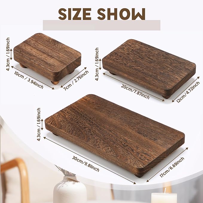 Maitys 3 Pcs Wooden Risers for Display Pedestal Stand Wooden for Decor Farmhouse Vintage Rustic Stackable Kitchen Stand Tray Riser, 3 Sizes(12 x 6.7, 8 x 4.7, 4 x 2.8 in,Brown)