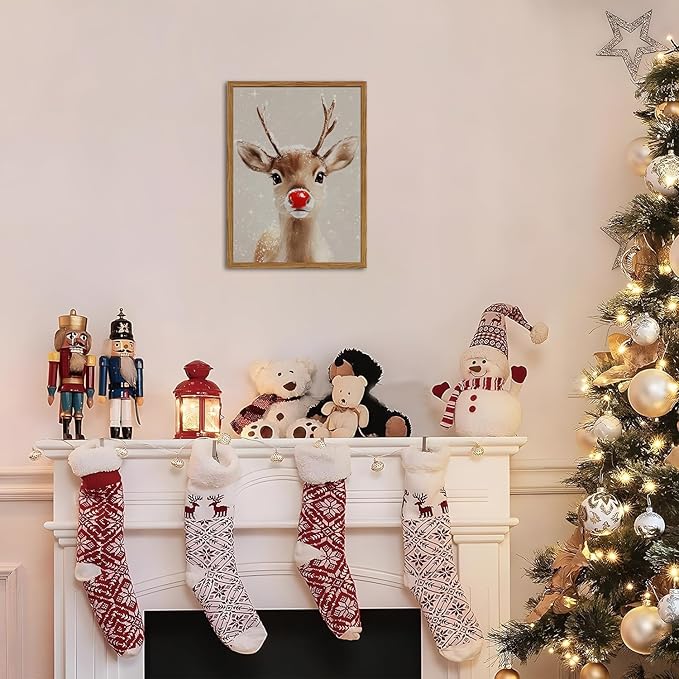 Framed Christmas Wall Art, Vintage Red Nose Reindeer Canvas Wall Decor Paintings, Rustic Winter Cute Deer Pictures Prints Farmhouse Home Decoration for Living Room Bedroom 12×16 inch