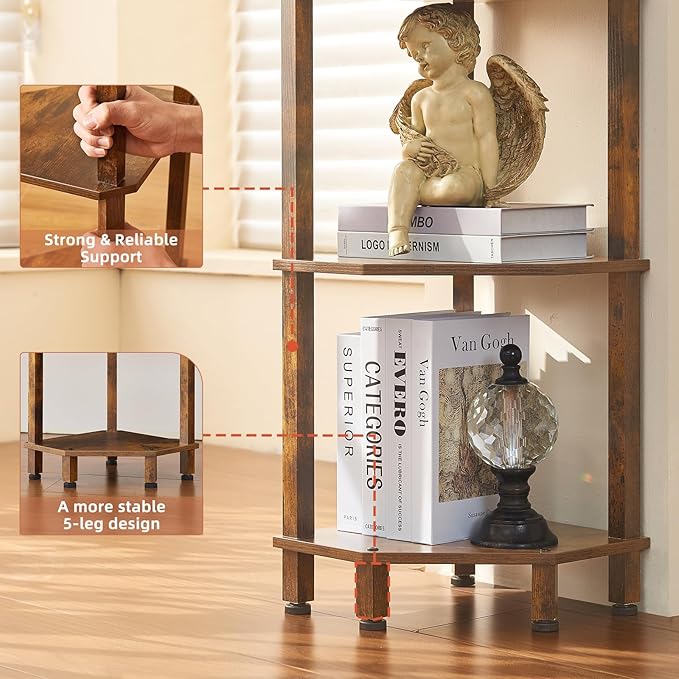 YUFAM 4-Tier Corner Shelf with Sturdy 5-Leg Base, Wooden Corner Bookshelf for Small Spaces, Corner Standing Shelf for Living Room, Bedroom, Office, Brown