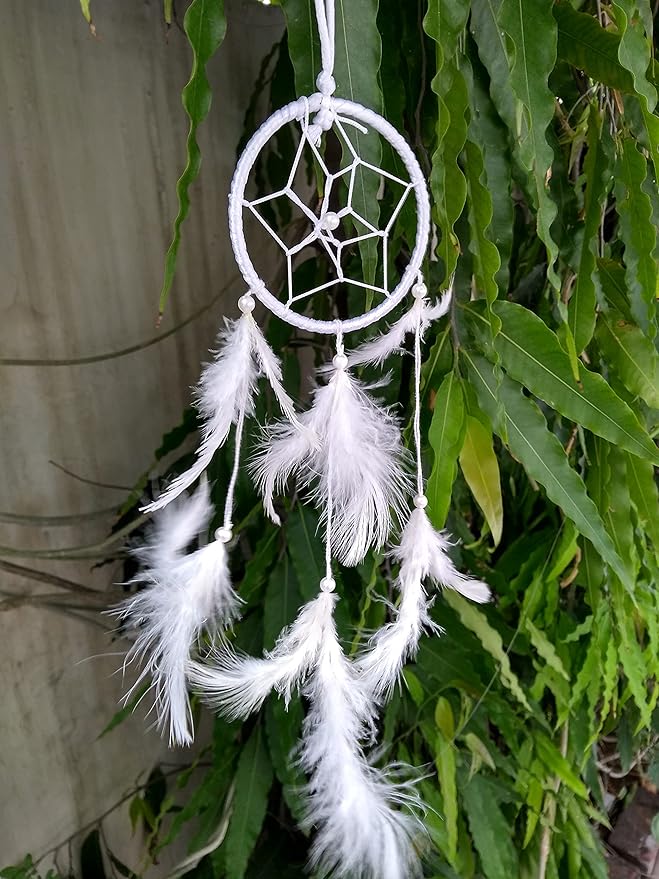 Dream Catchers Wall Decor, Handmade Feather Bedroom Home Car Decor Nursery Room Hanging Decoration (3" White Ring)