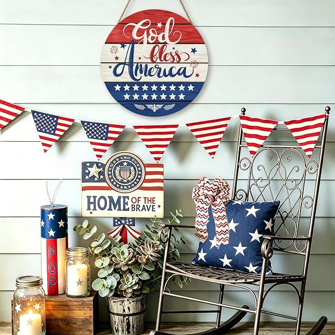 July Fourth Memorial Day Decorations Sign for Front Door Independence Day Patriotic Wreath Welcome Hanging Plaque God Bless America Round Wooden Hanger for Memorial Outdoor Decor 12”x 12”