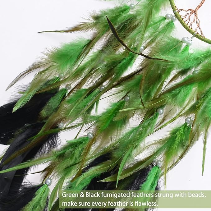 Pretty Jolly Green Tree of Life Dream Catcher Wall Decor with Healing Crystal Stone Handmade Feather Dream Catchers Decoration Wall Hanging Bedroom Living Room Wedding Party Home Decor-25.6"