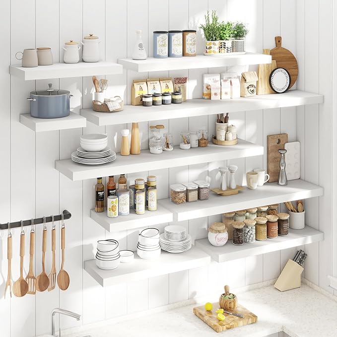30 Inch Floating Shelves for Wall Set of 2, 12"D Wood Grain Bathroom Shelves with Invisible Brackets, Easy Install Engineered Wood Storage Shelves for Kitchen, Living Room, Bedroom, White Finish