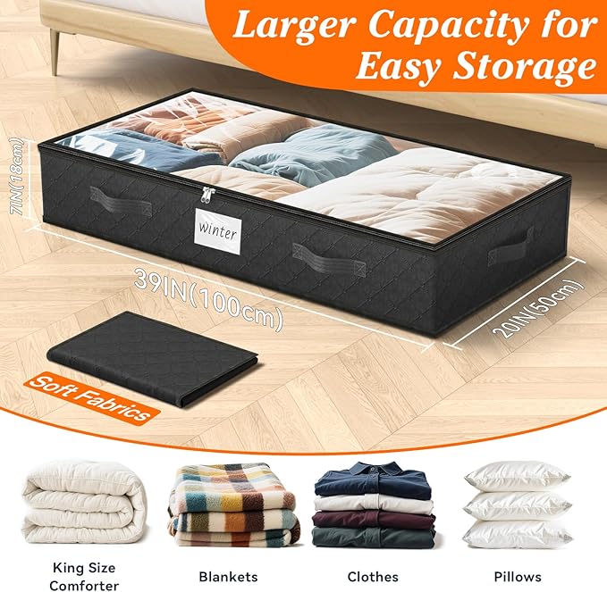 SpaceWhisper 90L Under Bed Storage Containers, 8-Pack Storage Bins with Clear Top, Foldable Closet Organizers and Storage with Label Holder for Clothing, Blankets, Comforter & Pillows(Black)