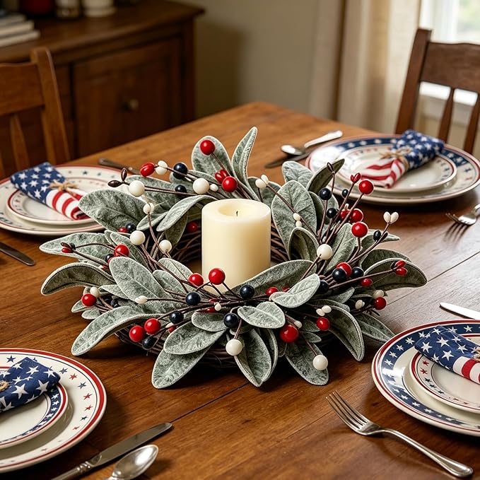 4 PCS Patriotic 4th of July Hanging Wreaths for Cabinets Small Independence Day Wreaths for Front Door with Red White Blue Berries & Lamb's Leaves Memorial Day Labor Day Mini Wreath for Home Decor