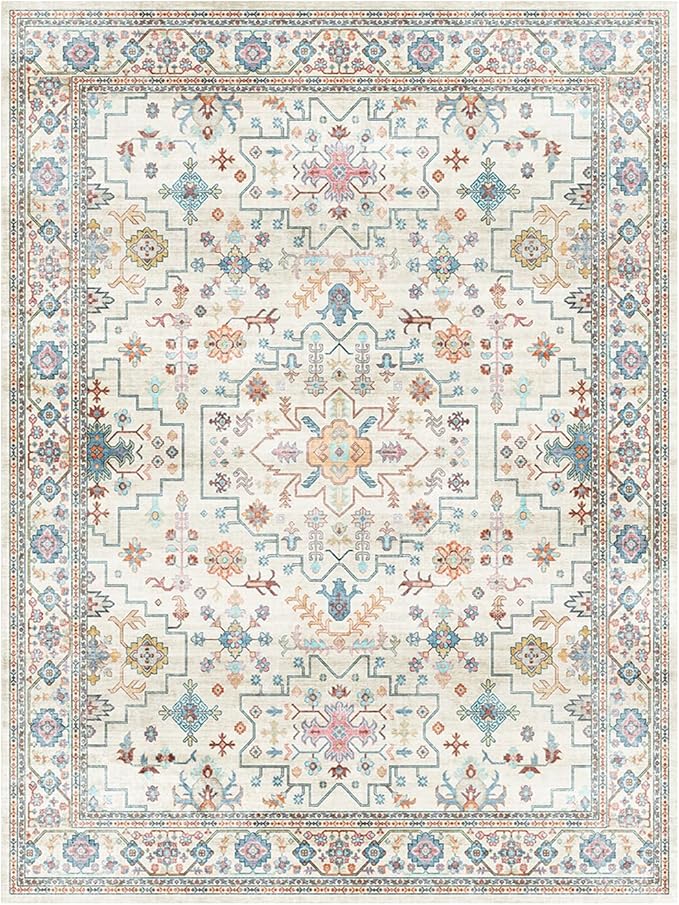 Lessymo Washable 9x12 Area Rug for Living Room, Large Rugs for Bedroom Dining Nursery Room, Soft Non-Slip Vintage Floral Oushak Carpet, Boho Colorful Pastel Farmhouse Decor, Multi/Ivory
