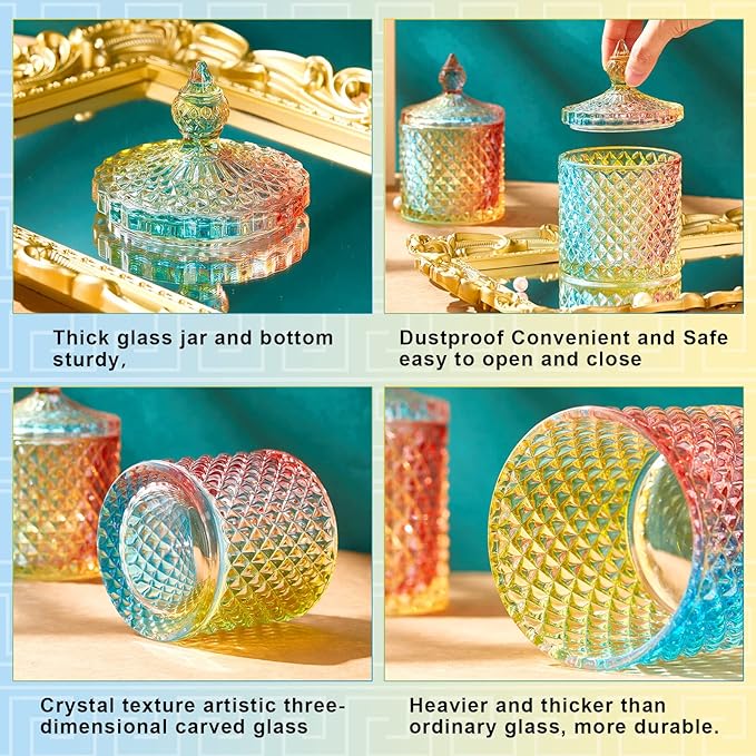 Aoriher 4 Pcs Crystal Glass Candy Jar Set with Lids Home Decorative Storage Jars for Apothecary, Bathroom, Kitchen, and Pantry, Ideal for Cotton Swabs and Jewelry(Large,Colorful)