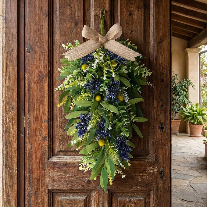 2 PCS 24'' Spring Summer Swags for Front Door Artificial Eucalyptus Olive Boxwood Leaves Teardrop Swags Greenery Swag Wreath Spring Summer Hanging Swag for Farmhouse Wedding Cabinet Home Outdoor Decor