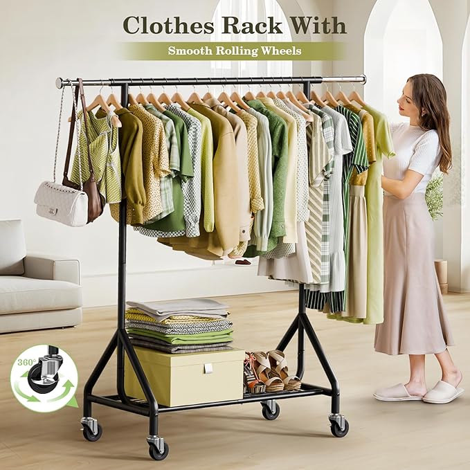 Clothes Rack Load 450 LBS, Heavy Duty Garment Rack, Standing Rolling Metal Hanging Clothes with Sturdy Wheels & Shelves, Black