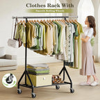 Clothes Rack Load 450 LBS, Heavy Duty Garment Rack, Standing Rolling Metal Hanging Clothes with Sturdy Wheels & Shelves, Black