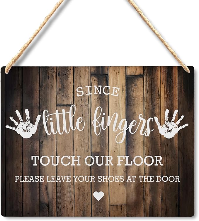 Wall Pediments Shoes Off Sign,Shoes Off Sign for Front Door,Since Little Fingers Touch Our Floor Door Sign,Shoes Off Hanging Welcome Sign for Front Door,6x12 Inches，Wood Grain-8