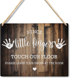 Wall Pediments Shoes Off Sign,Shoes Off Sign for Front Door,Since Little Fingers Touch Our Floor Door Sign,Shoes Off Hanging Welcome Sign for Front Door,6x12 Inches，Wood Grain-8