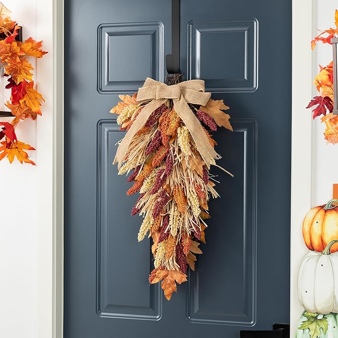Glitzhome 28'' Artificial Fall Teardrop Swag, Autumn Harvest Multi-Colored Sorghum Door Swag, Hanging Flower Wreath for Thanksgiving Fall Front Door Window Wall Decor