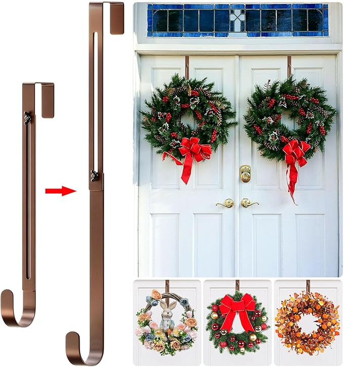 2-Pack Adjustable Wreath Hangers for Front Door Decor, 12.5-20" Heavy Duty Metal Over The Door Hooks (22 lbs) for Easter & Welcome Signs, Ultra-Thin Scratch-Free Holder for Tall & Storm Doors