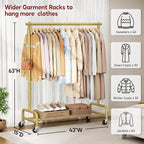 SLEEPING LAMB Heavy Duty Clothes Racks for Hanging Clothing Rack, 43" Wide Rolling Garment Rack Metal Wardrobe Rack with Wheels Closet Hanger Rack for Coats, Shirts, Dress (Gold)