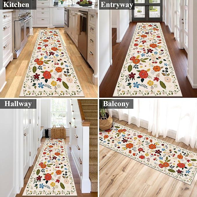 U'Artlines 2'6" x 8' Boho Runner Rug for Hallways Kitchen Colorful Floral Soft Non Slip Washable Floor Carpet Runners for Entryway Laundry Room Bathroom Beige