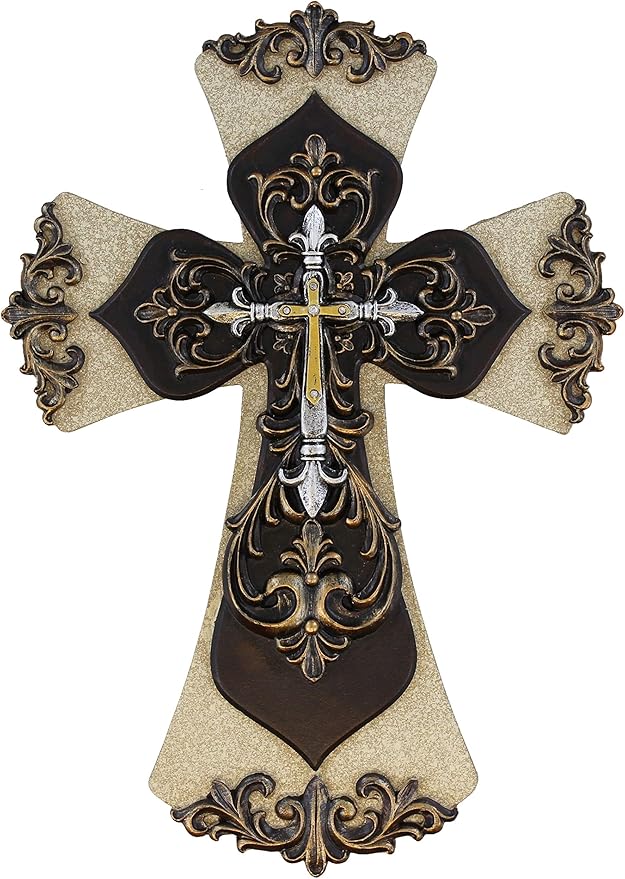 Old River Decorative Layered Tuscan Wall Cross Scrolly Fleur De Lis