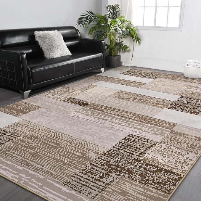FlyDOIT Modern Geometric Patchwork Area Rug, 5x8 Beige Large Rugs for Living Room, Rockwood Collection Indoor Rugs for Bedroom, Throw Carpet Floor Decor for Entryway Dining Room Office Nursery