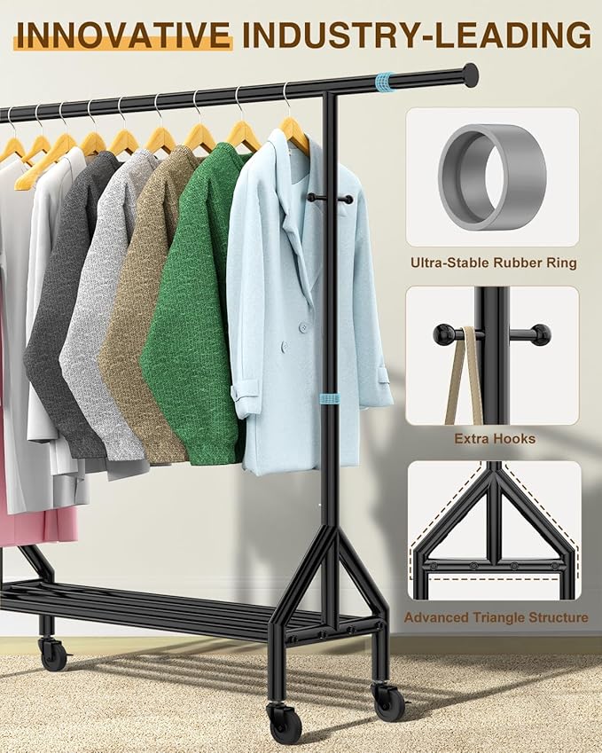 Heavy Duty Clothes Rack Load 520LBS, Adjustable Rolling Clothing Rack with Sturdy Wheel, Metal Industrial Closet Garment Racks for Hanging Clothes Coat, Portable for Bedroom, Laundry Living Room
