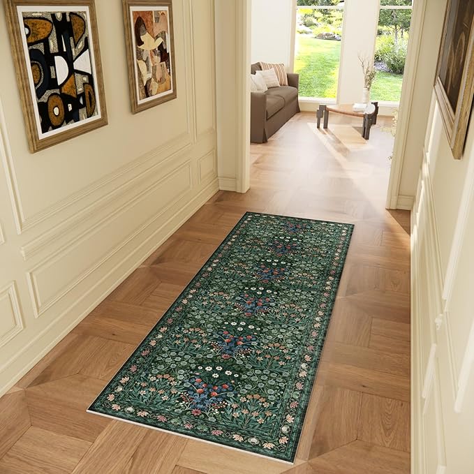 Non-Slip Washable Runner Rug for Hallways, 2x6 Ultra-Thin Floral, Boho Soft Forest Green Carpet for Kitchen, Bathroom & Laundry Room