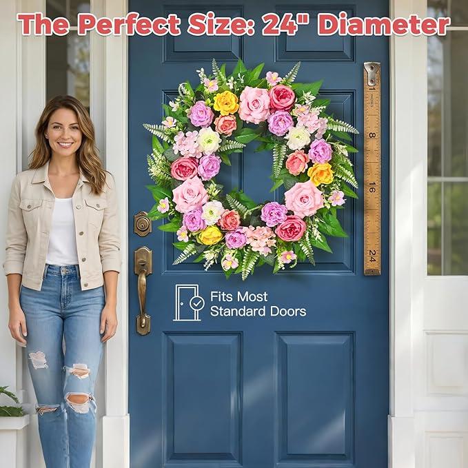 Yastouay Summer Wreaths for Front Door, 24 Inch Large Summer Wreath with Realistic Rose Peony, Full Floral Wreaths for Front Door Porch Farmhouse Patio Wall Decor All Season
