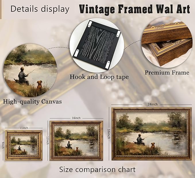Vintage Gold Framed Wall Art Boy Fishing Country Oil Painting Canvas Prints Peaceful Lake Landscape with Dog Picture Rustic Farmhouse Poster Artwork for Nursery Living Room Bedroom, 16x24in