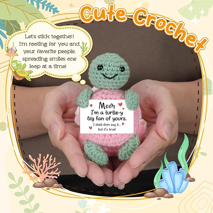 HEXMOZ Gifts for Mom from Daughter, Son - Birthday Gift, Ideas for Mothers, Mamas, Mother-in-Law - Handmade Collectible Turtle Peony Doll Crochet Emotional Support with Positive Card