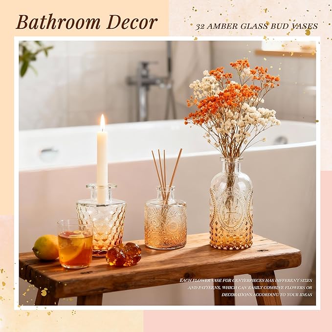 Der Rose Glass Bud Vases Set of 32 Small Amber Flower Vases for Rustic Wedding Centerpieces Table Decorations and Home Office Decor(Amber)