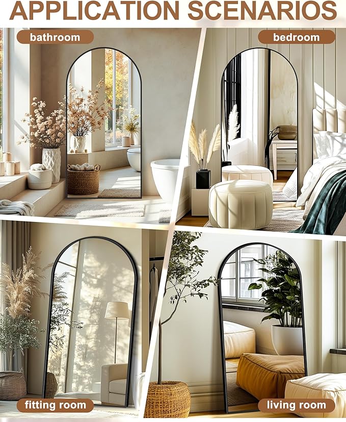 Delma Full Length Mirror, Large Floor Mirror for Wall, Bedroom, Bathroom, Living Room with Aluminium Frame (Stand, Arch 70x35, Black)