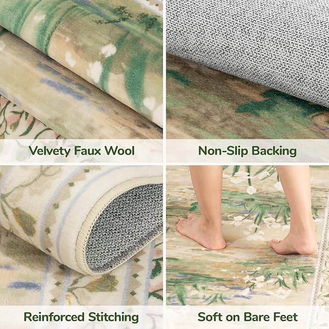 Lessymo Beige Sage 5x7 Rugs for Living Room, Soft Washable Area Rug Non-Slip for Dining Room, Vintage Pastel Aesthetic Carpet, Cottagecore Bedroom Nursery Office Decor