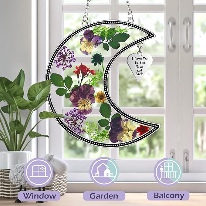 KY&BOSAM Moon Suncatcher Stained Glass for Window Hangings Wind Chime Decor with Pressed Real Flower and Metal I Love You to The Moon and Back Charm Birthday Gift for Women Mom Mother`s Day Christmas