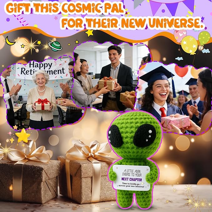 MAMAGIFTREE Cheers to Your Next Chapter - Positive Crochet Alien Plush - Ideal for Retirement Farewell Going Away Graduation 2026 New Job Promotion Gifts for Colleagues Students Teacher Coworker Boss
