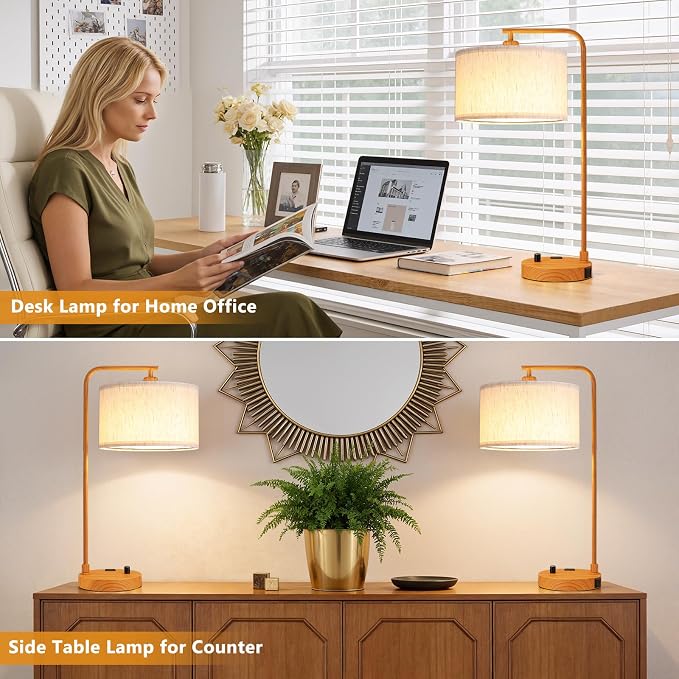 Innqoo Bedside Table Lamps for Bedroom Set of 2-Dimmable Nightstand Lamps with USB Port and Outlet,Modern Wood Lamps with Linen Shade,Tall Desk Lamps for Home Office Bedroom Living Room End Table