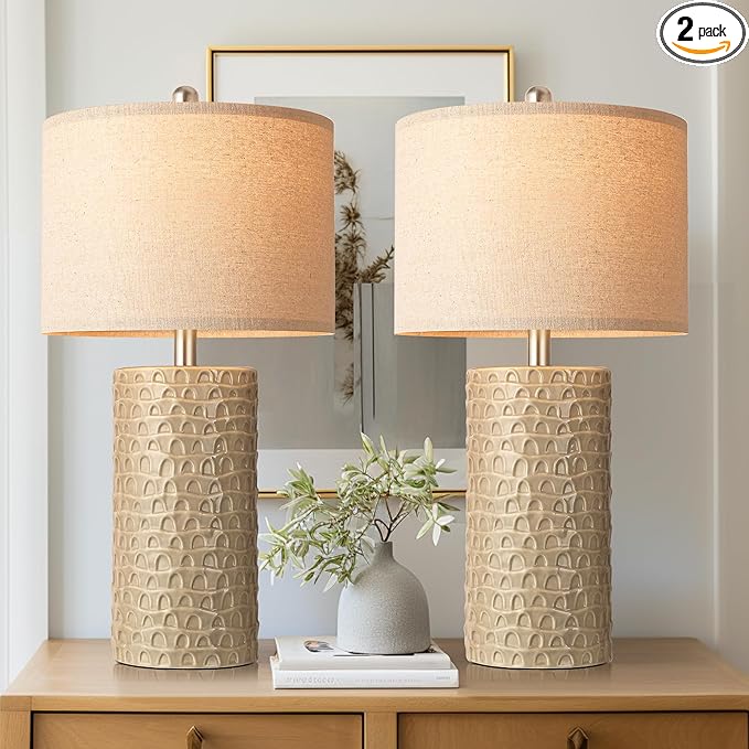 PARTPHONER 23" Modern Ceramic Table Lamp Set of 2, Table Lamps for Living Room, Rustic Farmhouse Bedside Lamps Nightstand lamp for Bedroom, Desk Lamp for End Table Home Decor Beige