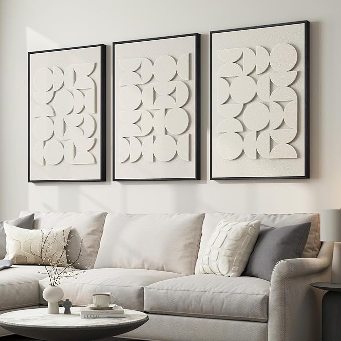 Large 3D Textured Framed Abstract Wall Art for Living Room, Set of 3 Modern White Paintings Artwork for Walls, Minimalist All White Geometric Pictures for Bedroom Hallway Office Wall Decor 24x36 In